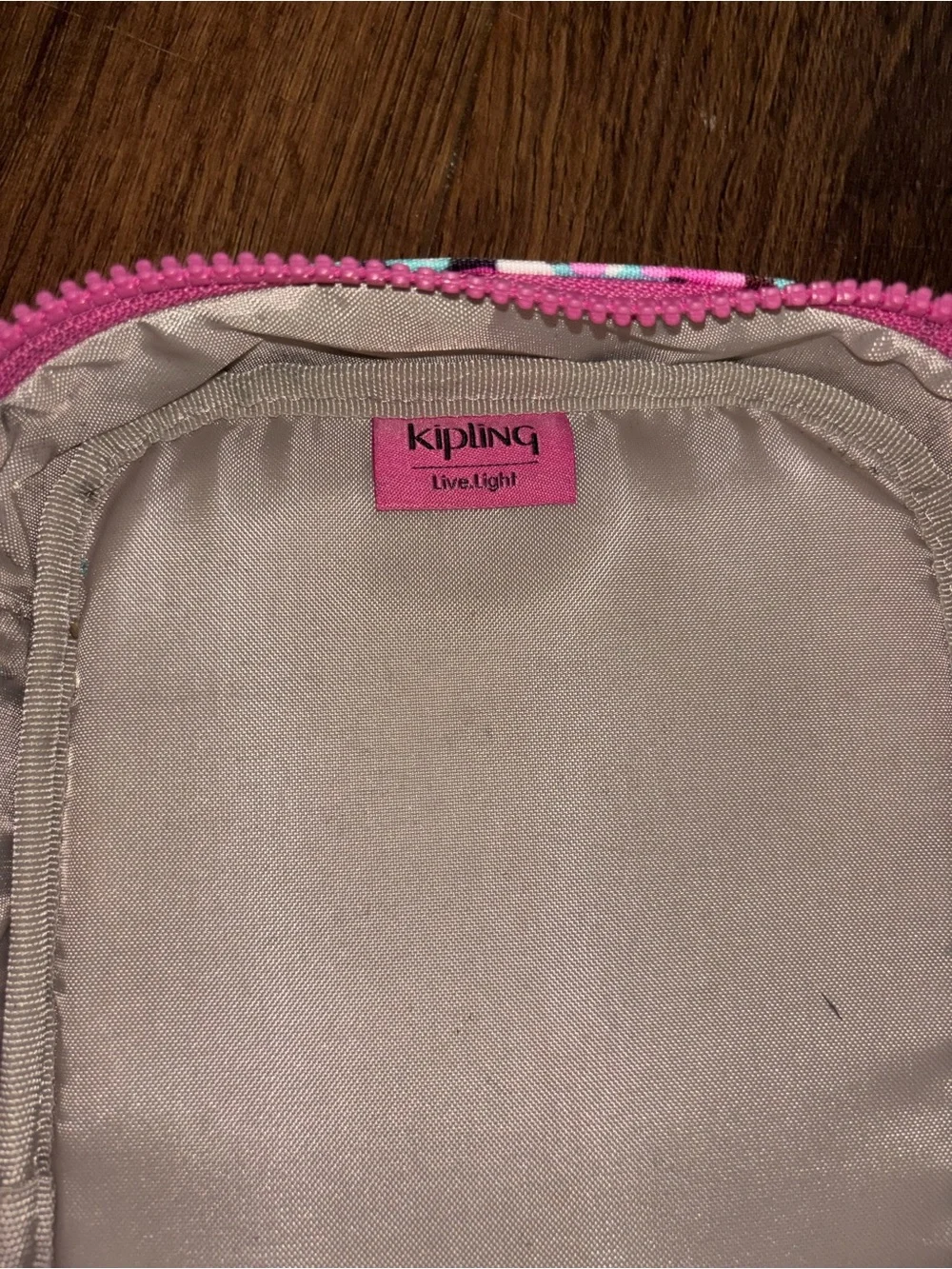 Kipling Pink & Aqua Patterned Makeup Bag or Pencil Case with Charm Keychain